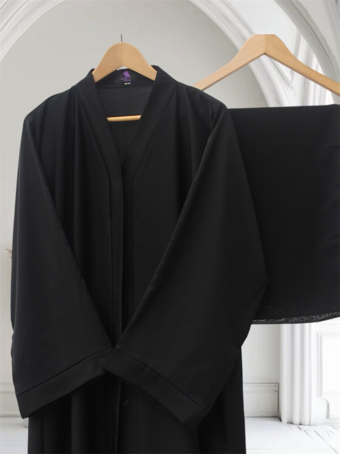 Open Front Button-Down Abaya with Matching Hijab | Black