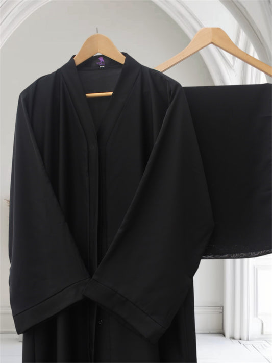 Open Front Button-Down Abaya with Matching Hijab | Black