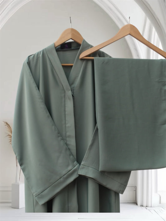 Open Front Button-Down Abaya with Matching Hijab | Pastel Aqua