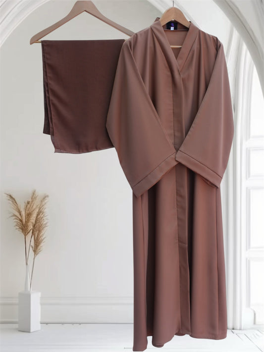 Open Front Button-Down Abaya with Matching Hijab | Light Brown
