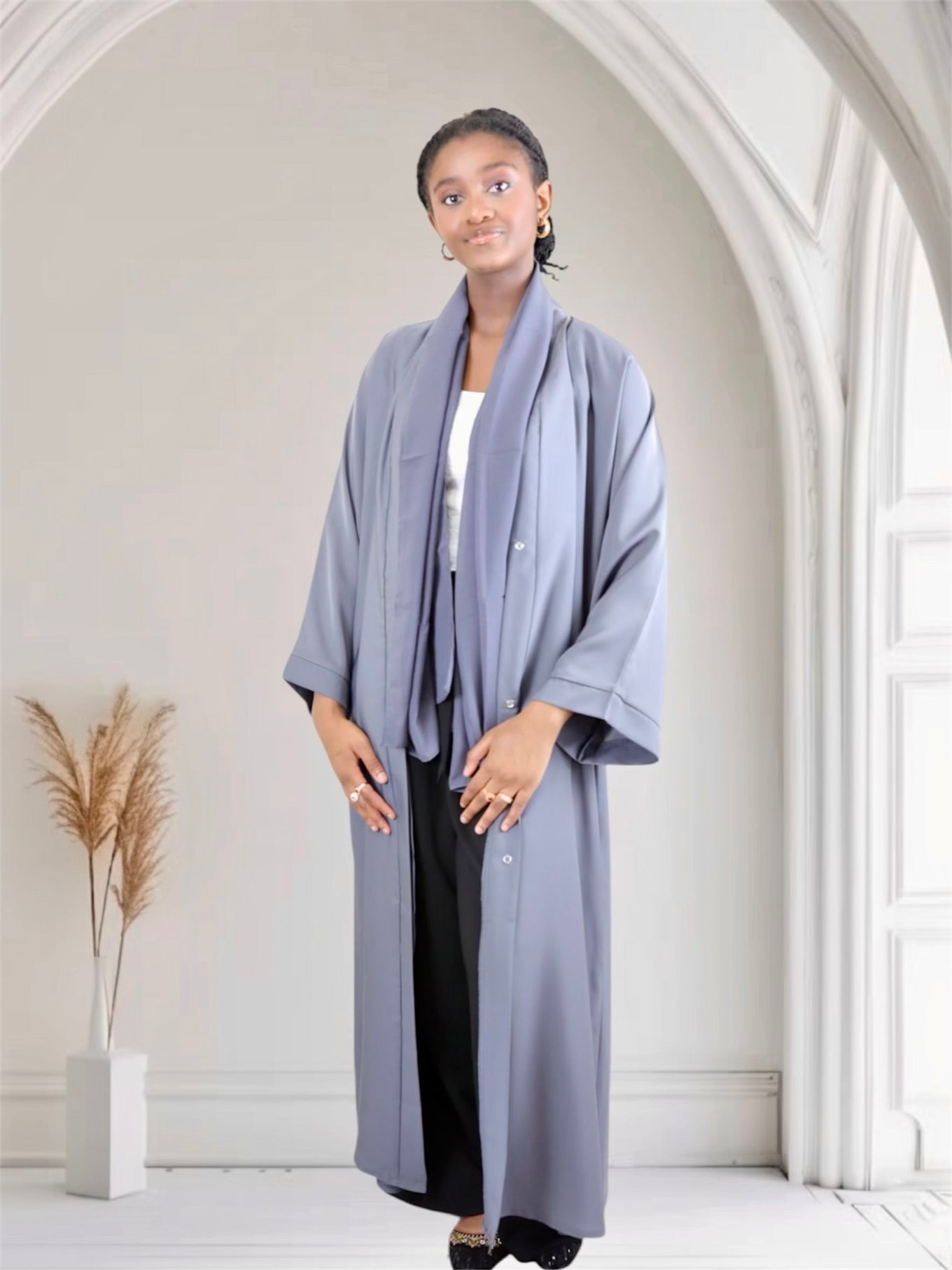 Open Front Button-Down Abaya with Matching Hijab | Gray