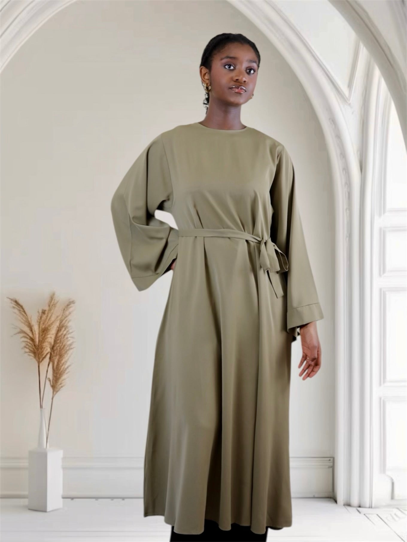 sage green abaya dress Floral Embellished Contrast Cuff Open Abaya - Sage - Polyester - Green - Adult - 58
