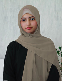 Woman wearing a brown lightweight classic chiffon hijab — earth tone modest scarf by Ayesha's Collection