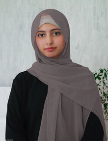 Woman wearing a gray lightweight classic chiffon hijab — neutral modest scarf by Ayesha's Collection