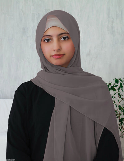 Woman wearing a gray lightweight classic chiffon hijab — neutral modest scarf by Ayesha's Collection
