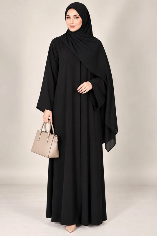 Open Front Button-Down Abaya with Matching Hijab | Black