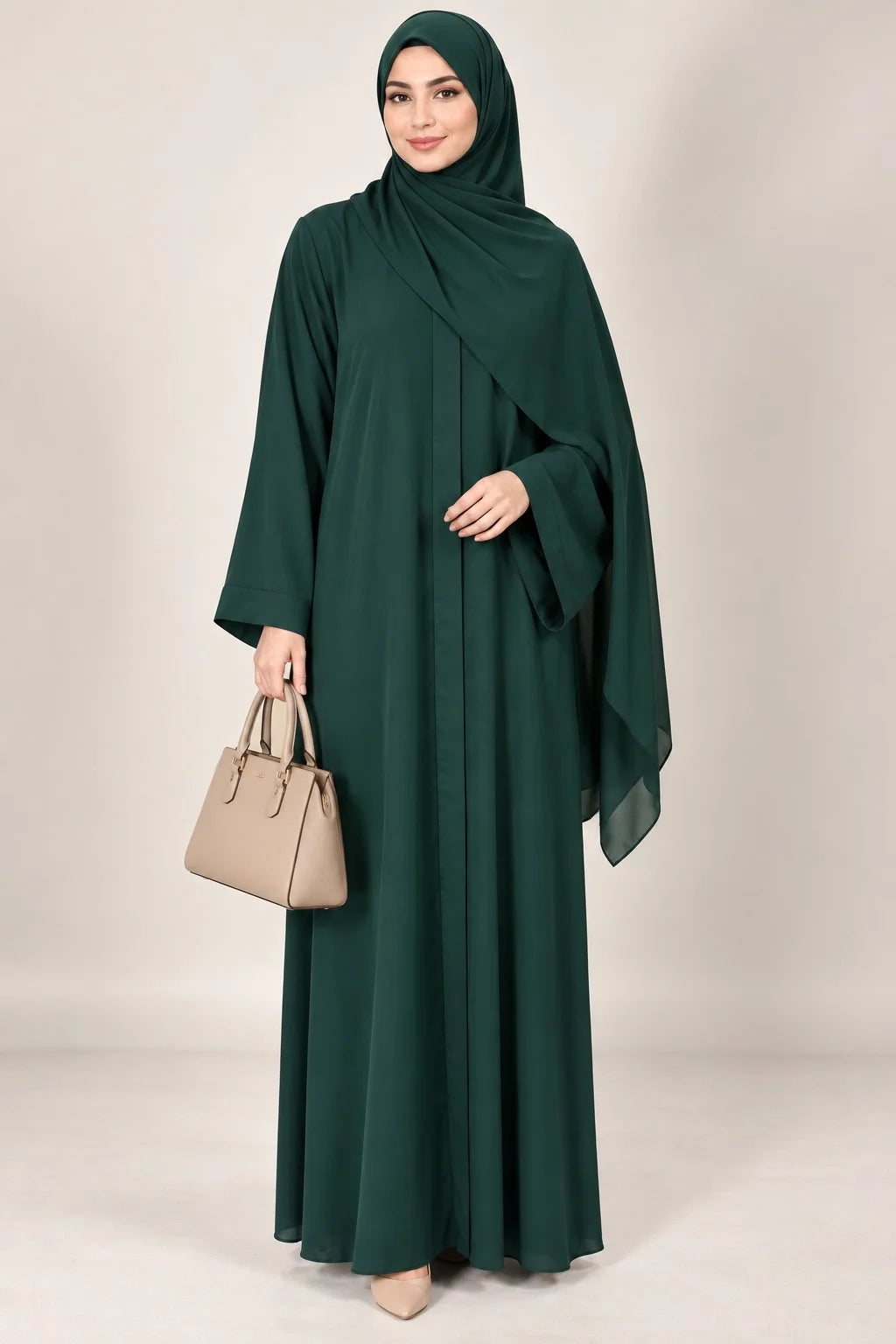 Open Front Button-Down Abaya with Matching Hijab | Dark Green