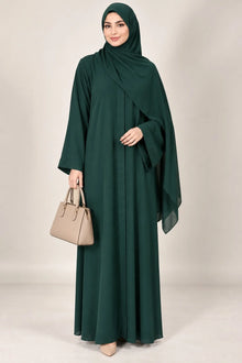 Open Front Button-Down Abaya with Matching Hijab | Dark Green