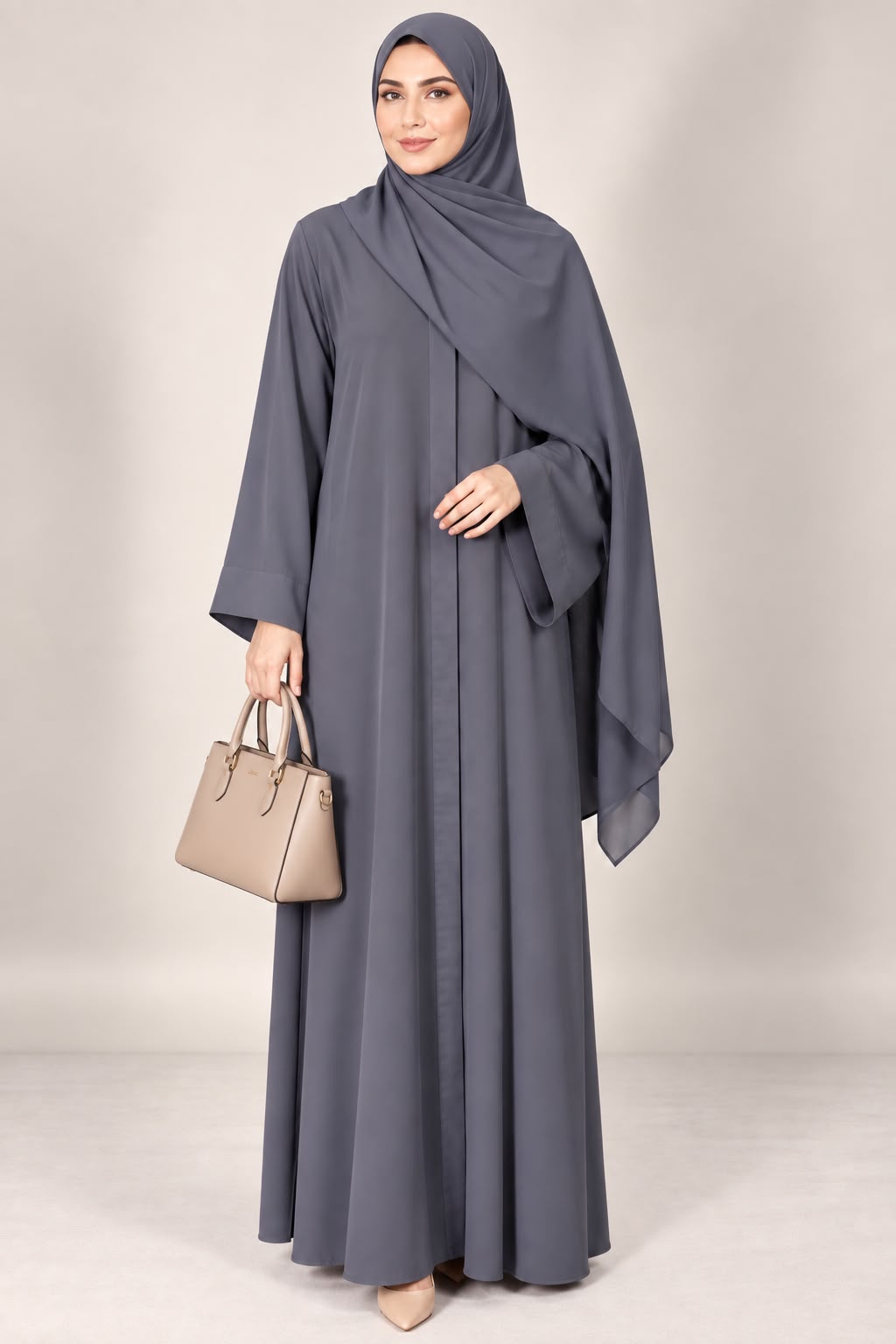 Open Front Button-Down Abaya with Matching Hijab | Gray