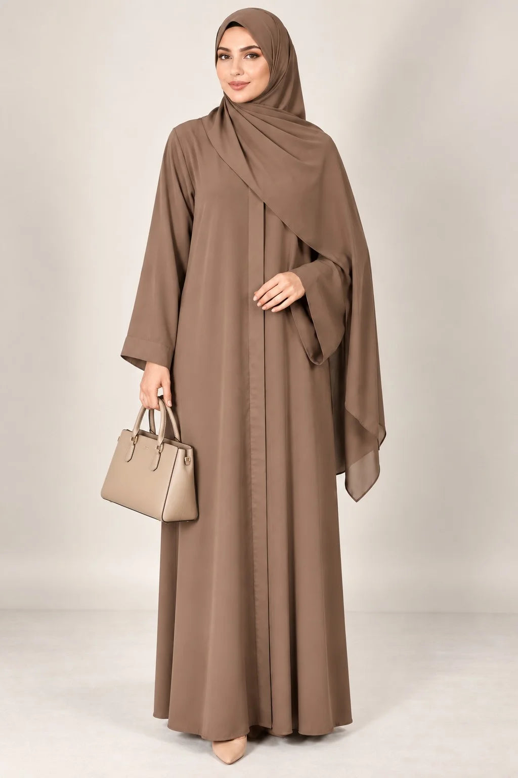 Open Front Button-Down Abaya with Matching Hijab | Light Brown