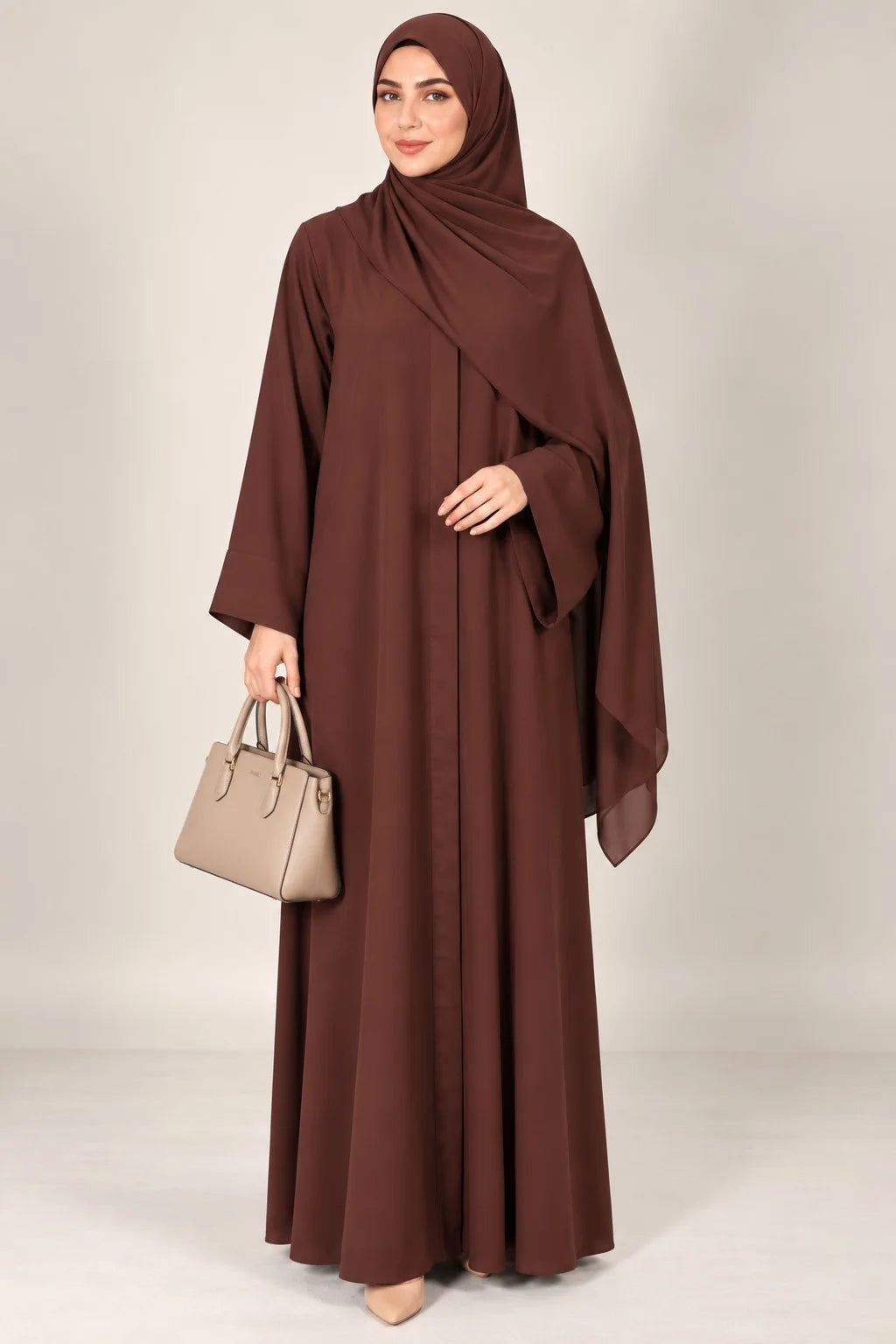 Open Front Button-Down Abaya with Matching Hijab | Mocha Brown