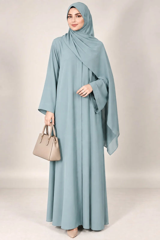 Open Front Button-Down Abaya with Matching Hijab | Pastel Aqua