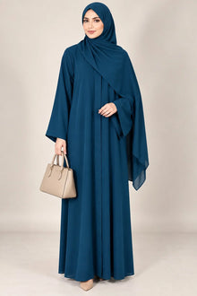 Open Front Button-Down Abaya with Matching Hijab | Teal Blue