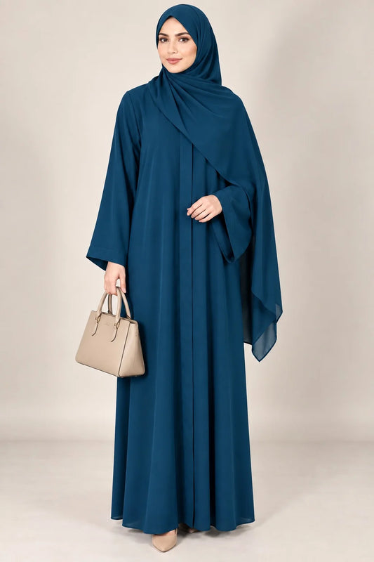 Open Front Button-Down Abaya with Matching Hijab | Teal Blue