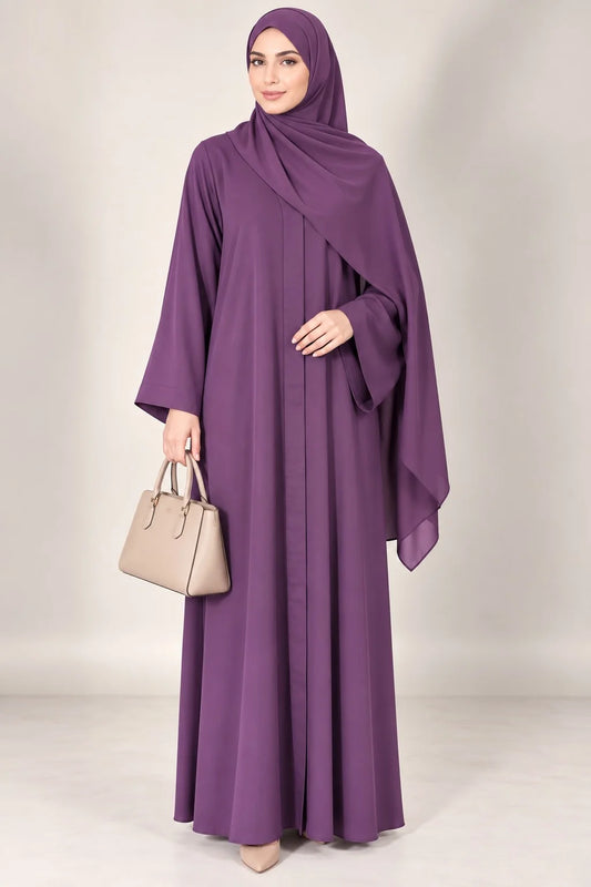 Open Front Button-Down Abaya with Matching hijab | Plum