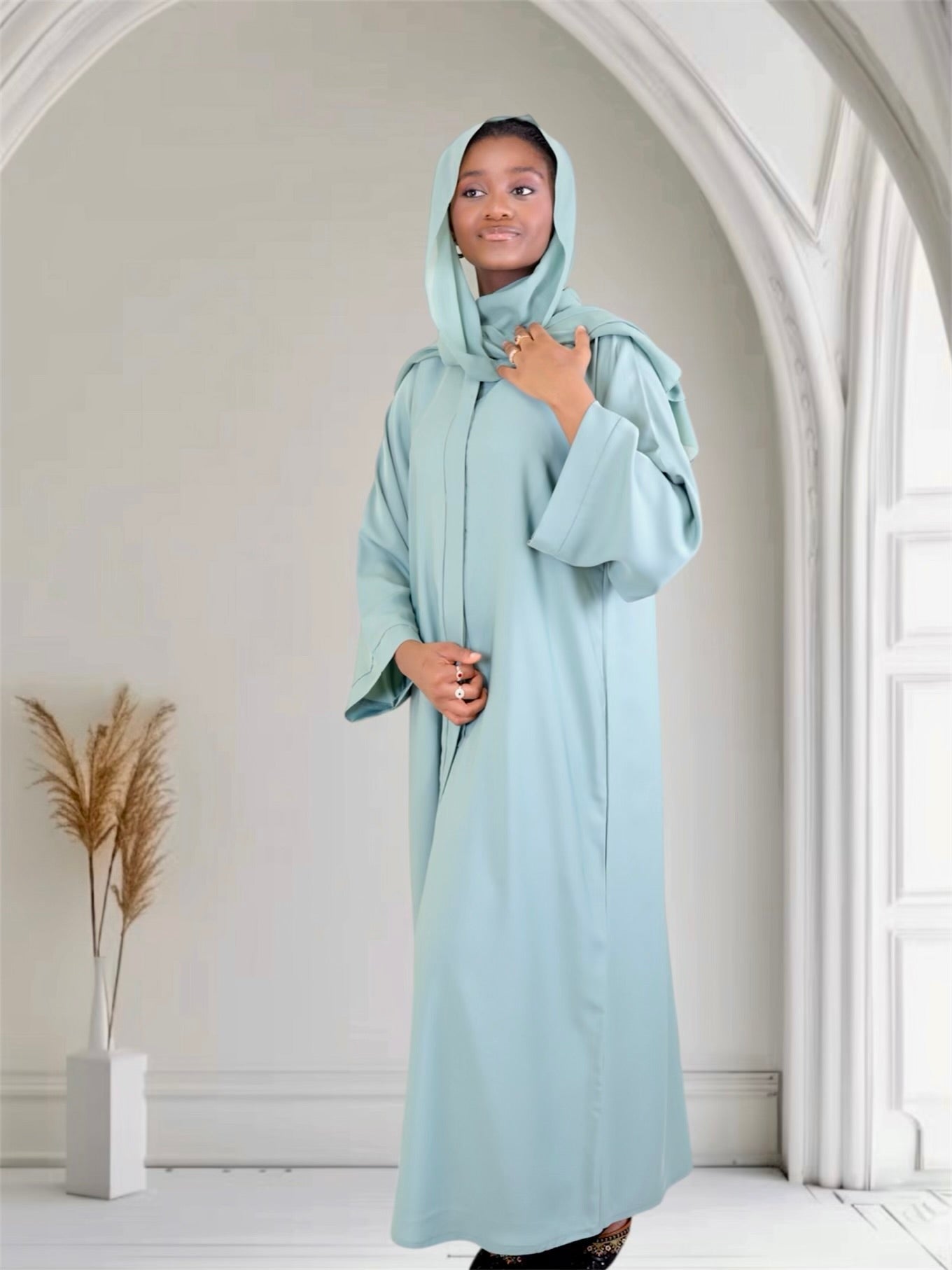 Open Front Button-Down Abaya with Matching Hijab | Pastel Aqua