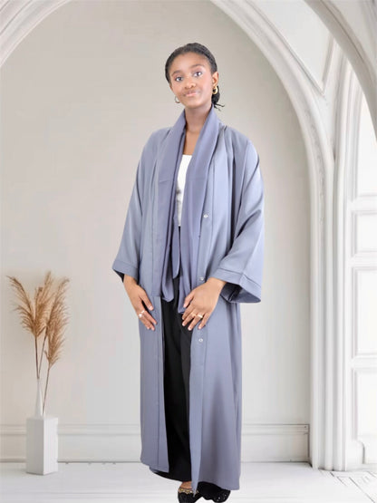 Open Front Button-Down Abaya with Matching Hijab | Gray
