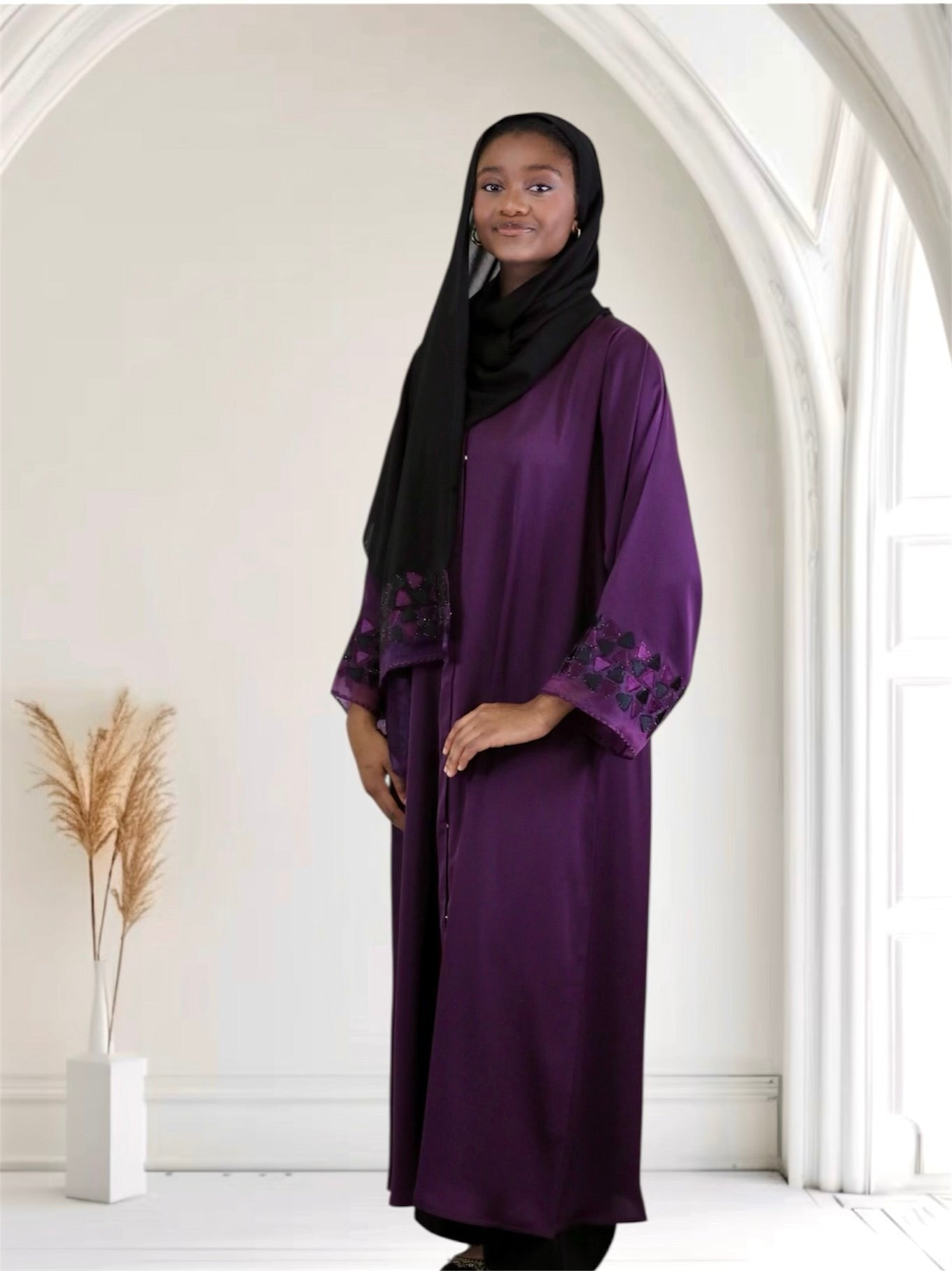 Woman wearing a royal purple luxury embroidered abaya set with matching hijab — Ayesha's Collection USA