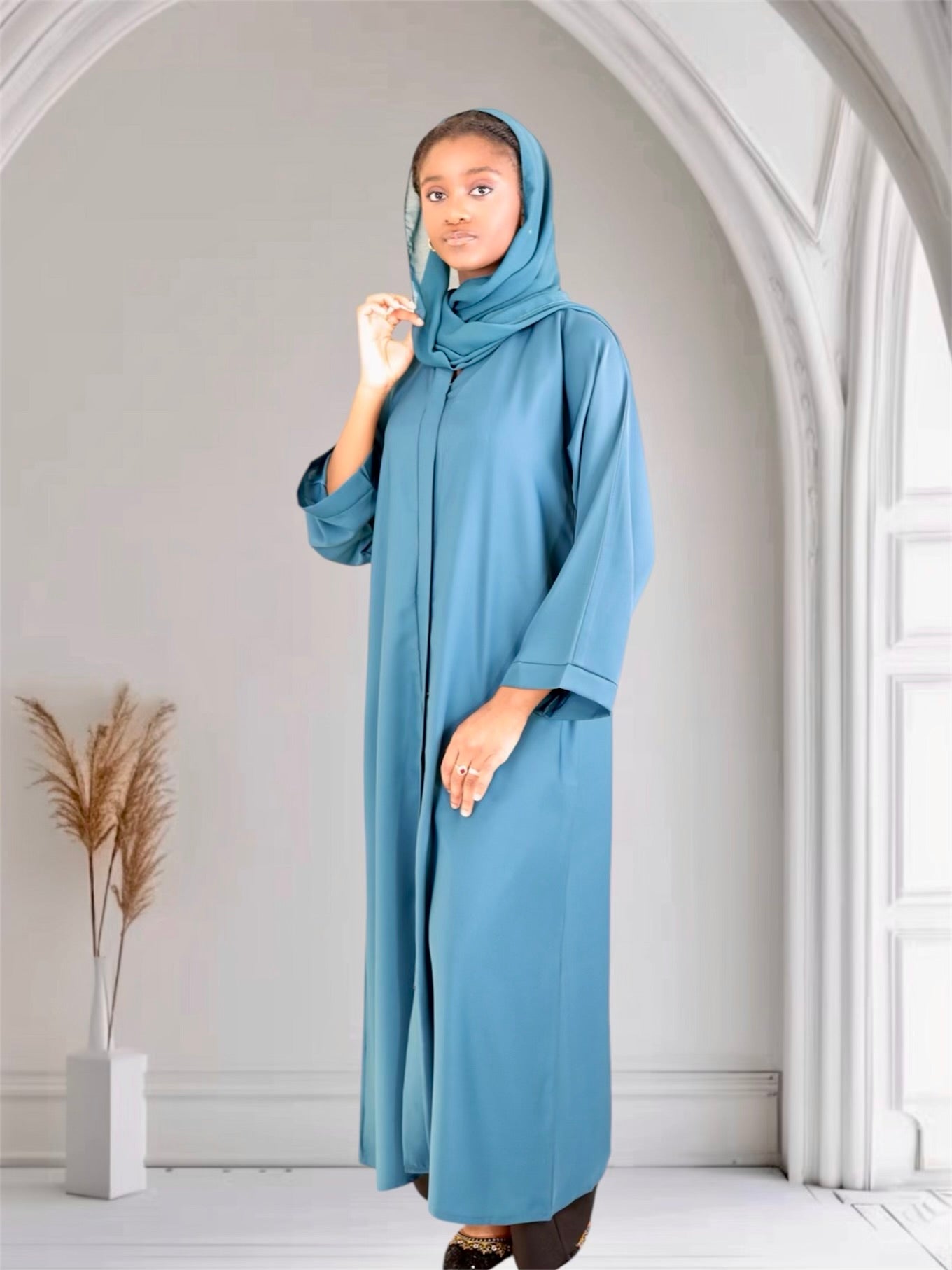 Open Front Button-Down Abaya with Matching Hijab | Teal Blue