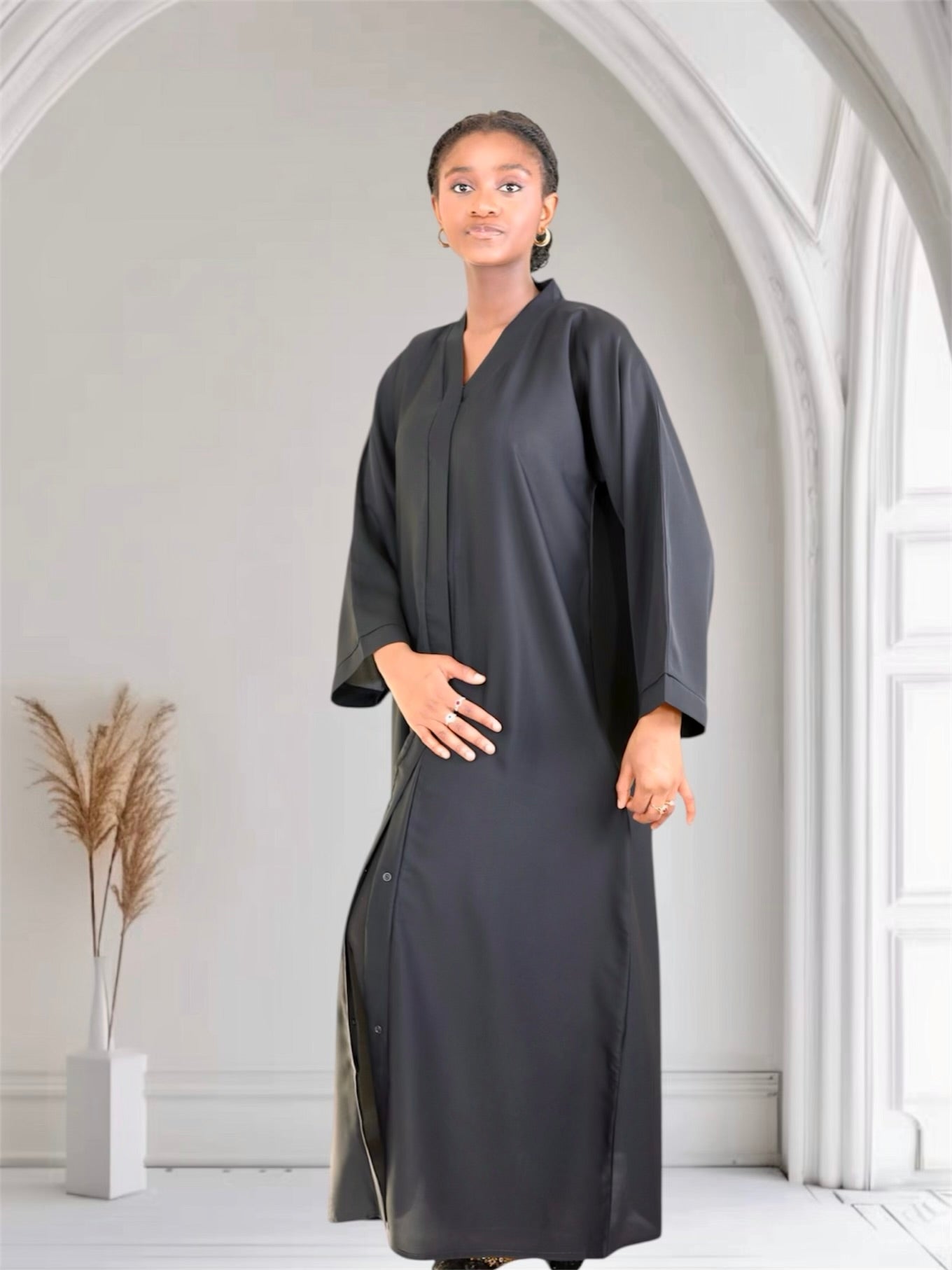 Open Front Button-Down Abaya with Matching Hijab | Black