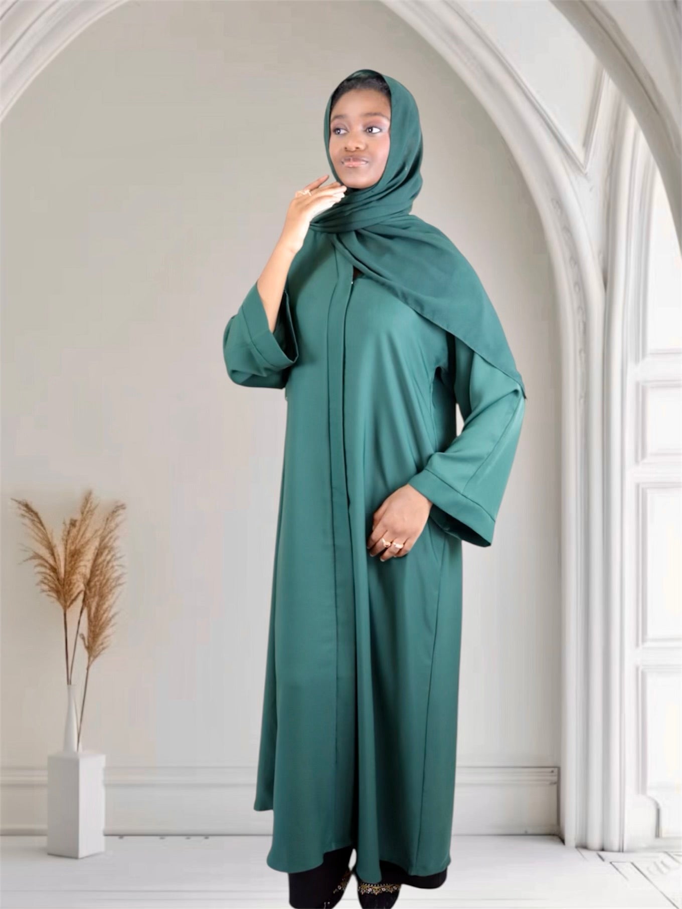 green abaya set with matching scarf