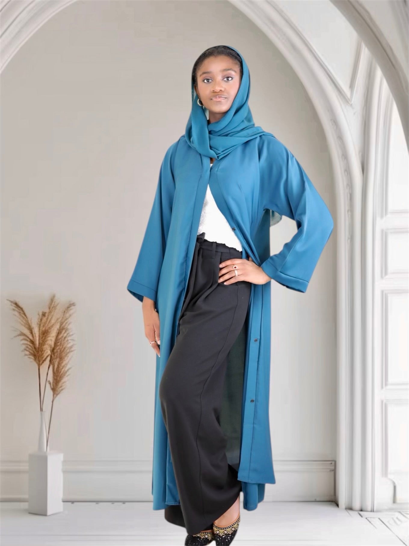women open front button down abaya with matching hijab 