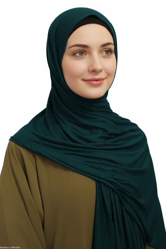 Woman wearing a dark green hijab and brown top on a white background